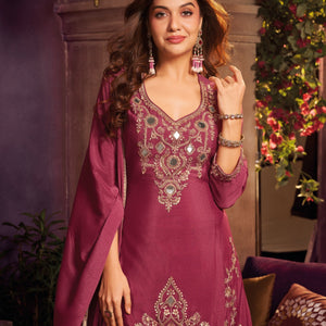 Cherry Red Chinon Suit Embellished With Cutdana, Sequins & Mirror Work