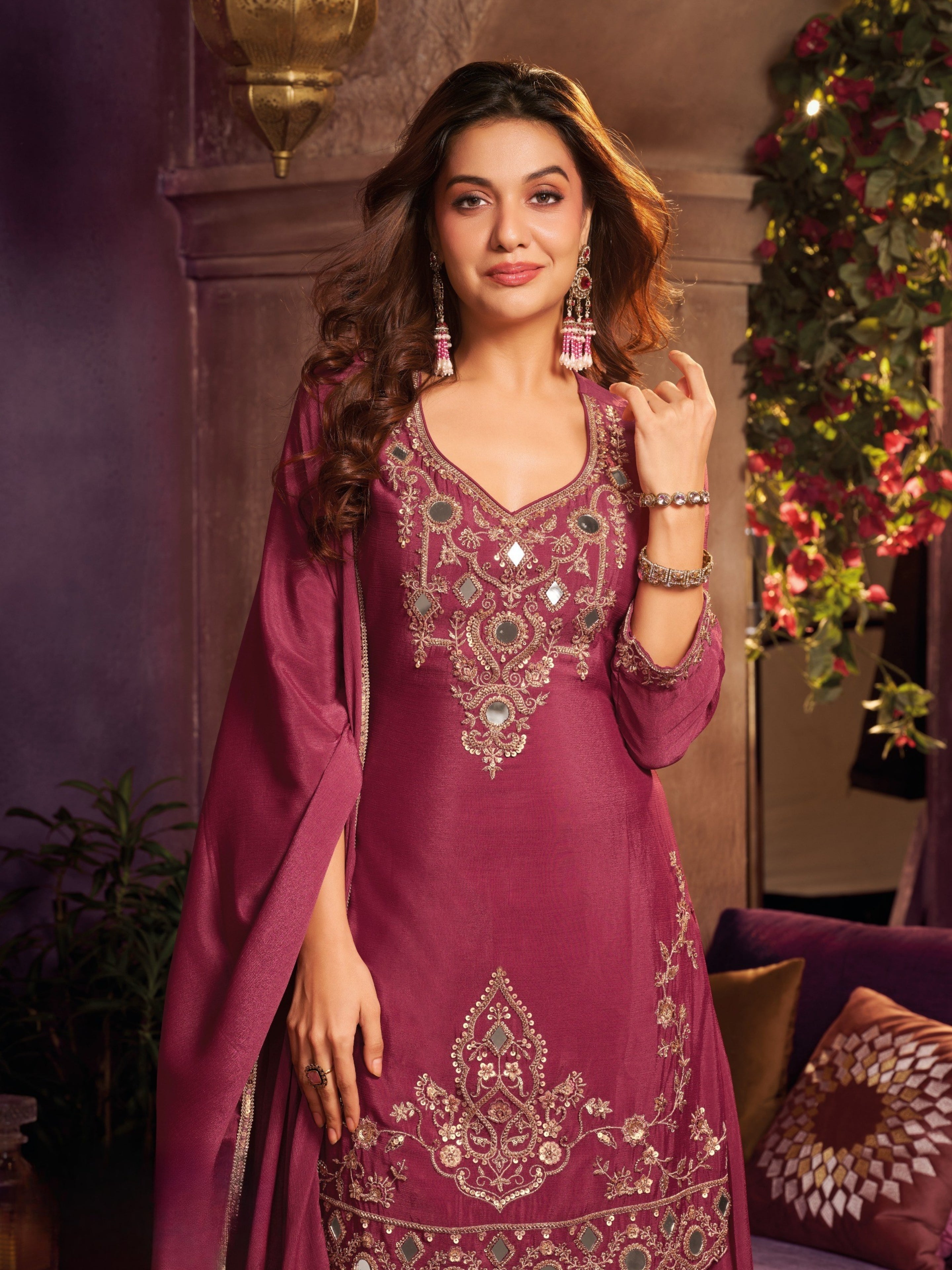 Cherry Red Chinon Suit Embellished With Cutdana, Sequins & Mirror Work