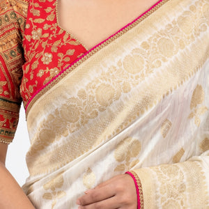 Ivory Banarasi Silk Saree with Stitched Pink Blouse and Weaving Work
