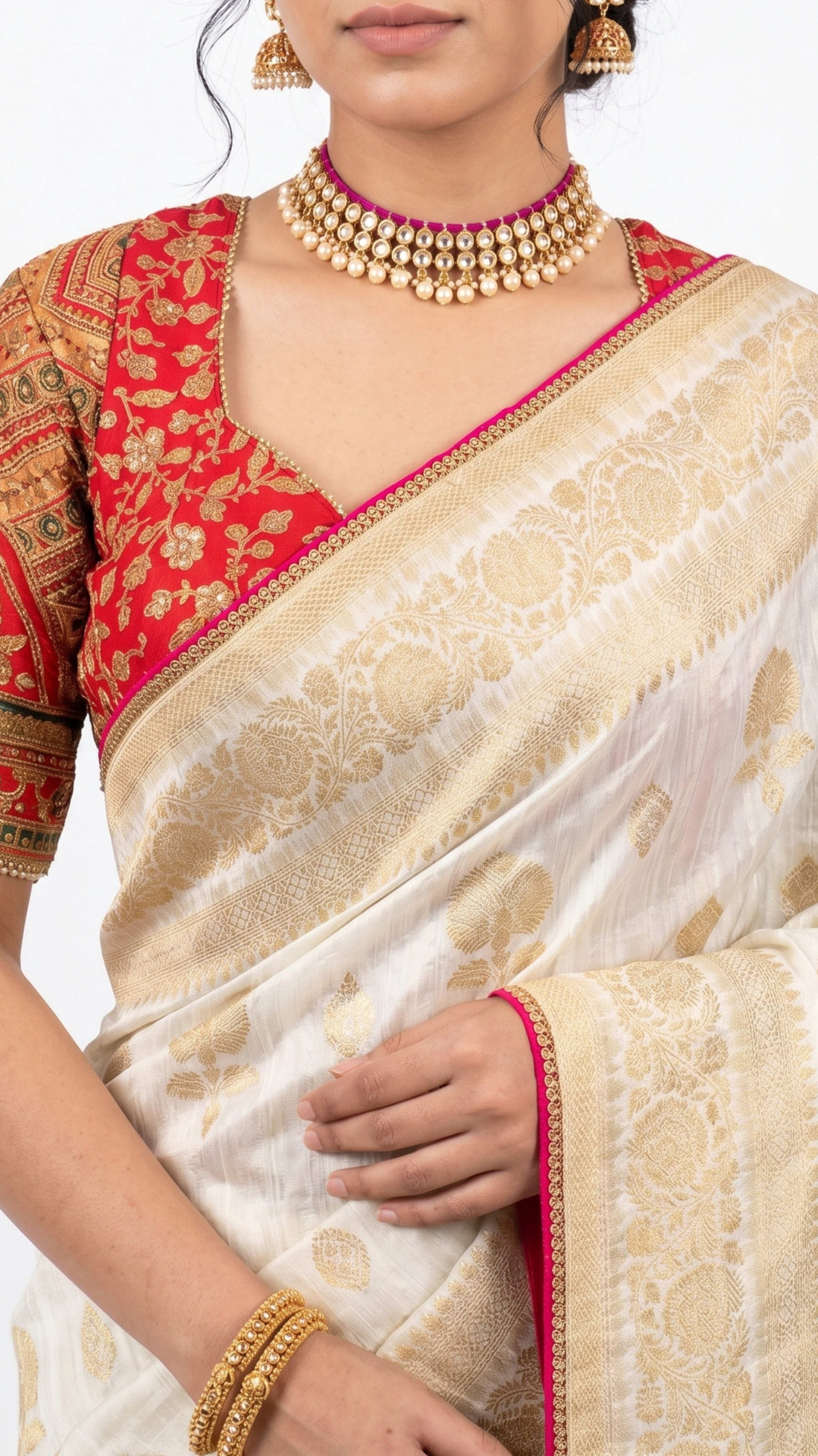 Ivory Banarasi Silk Saree with Stitched Pink Blouse and Weaving Work