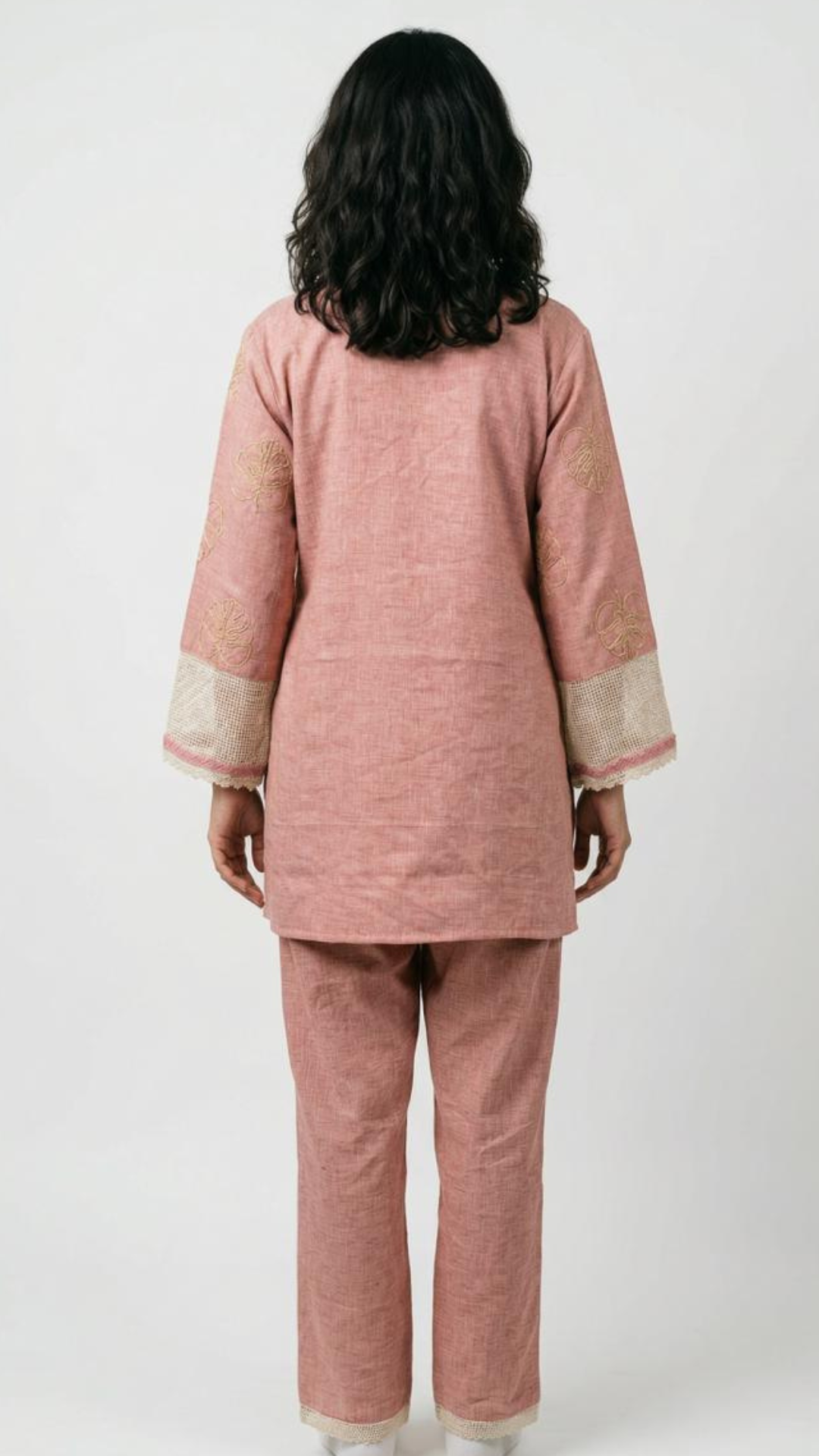 Pink Handloom Cotton Coord Set with Moti, Kodi and Thread Work