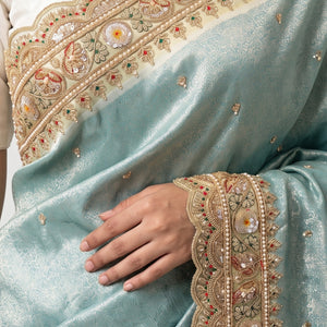 Ice Blue Brocade  Unstitched Saree with Sequins, Pearl, Zari & Cut Dana Work