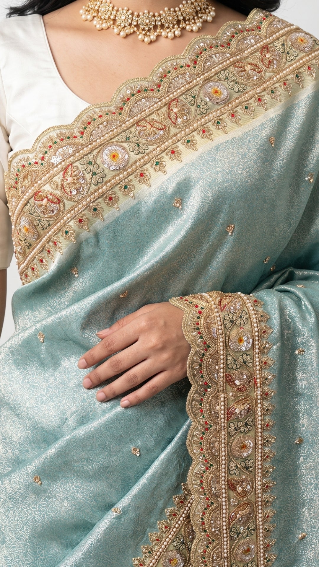 Ice Blue Brocade  Unstitched Saree with Sequins, Pearl, Zari & Cut Dana Work