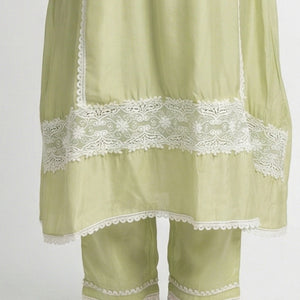 Green Muslin Cotton Suit Set with Mirror & Lace Detailing