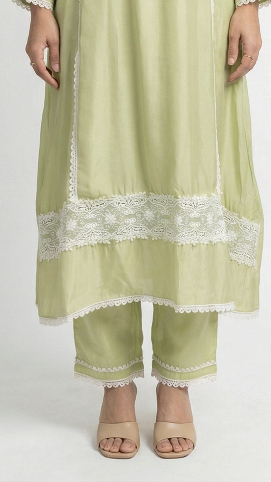 Green Muslin Cotton Suit Set with Mirror & Lace Detailing