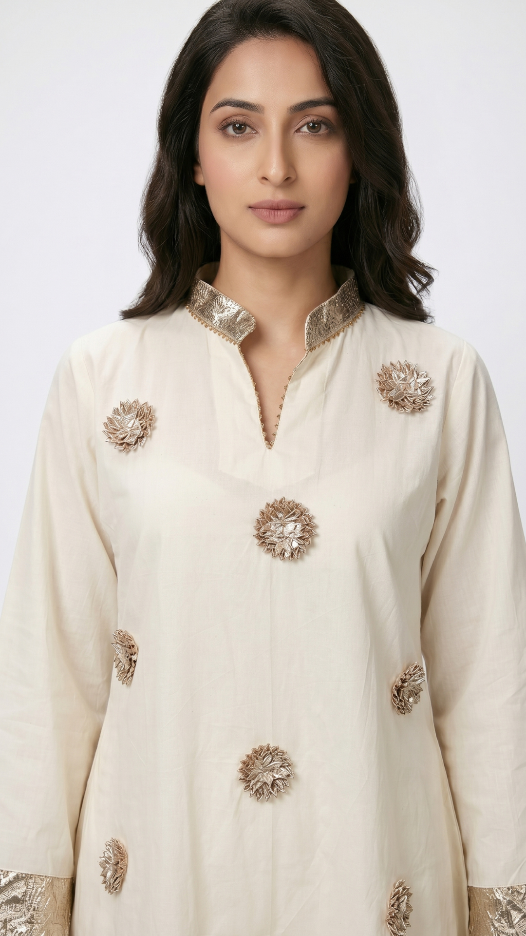 White Cotton Coord Set with Golden Gota Work