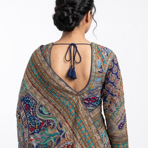 Navy Blue Chinon Ready Made Saree Embellished With Zari, Stone, Mirror & Chandla Work