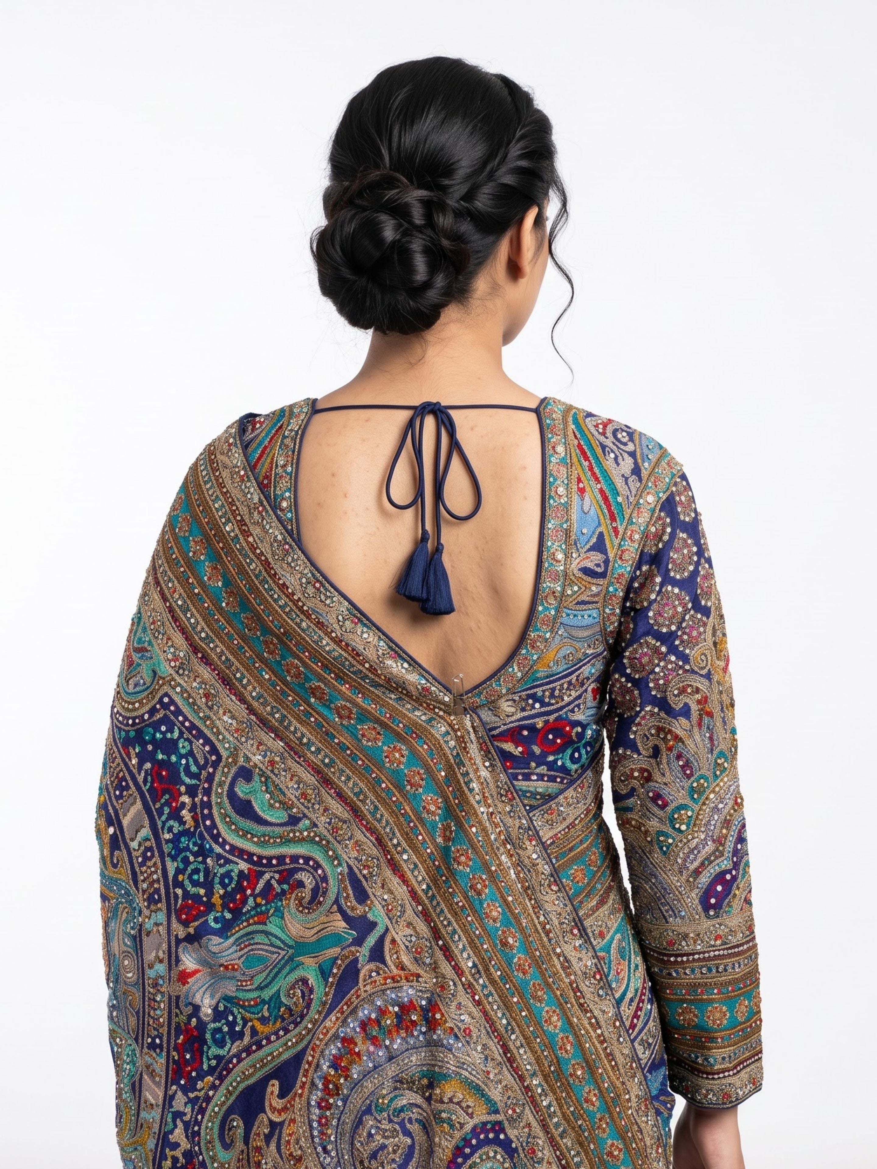 Navy Blue Chinon Ready Made Saree Embellished With Zari, Stone, Mirror & Chandla Work