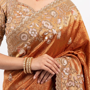 Rust Tissue Saree Embellished With Sequins, Moti & Cut Dana Work
