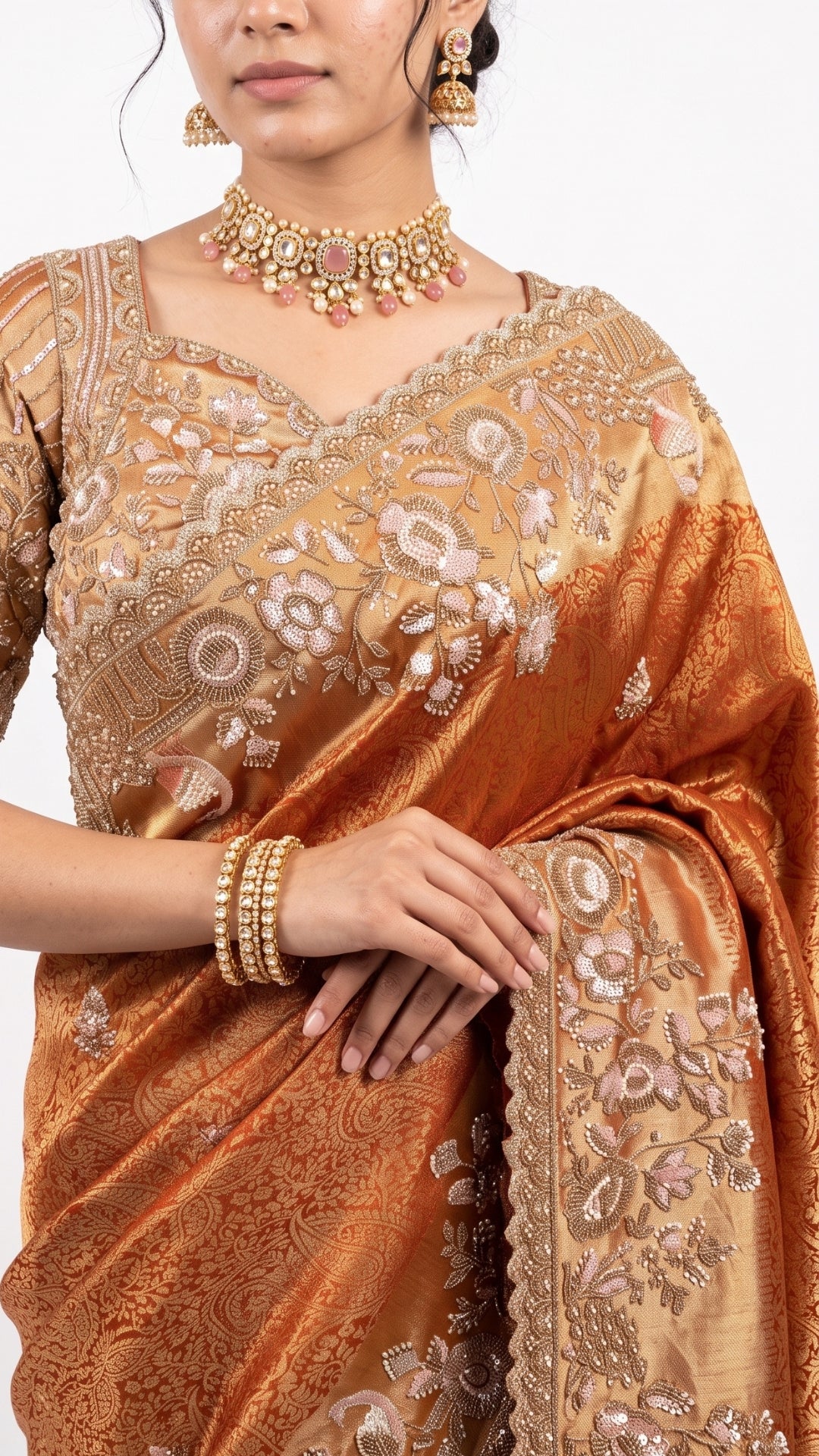 Rust Tissue Saree Embellished With Sequins, Moti & Cut Dana Work