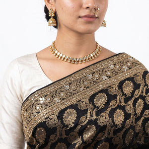 Black Satin Silk Banarasi Unstitched Saree with Dabka, Mirror & Cut Dana Work