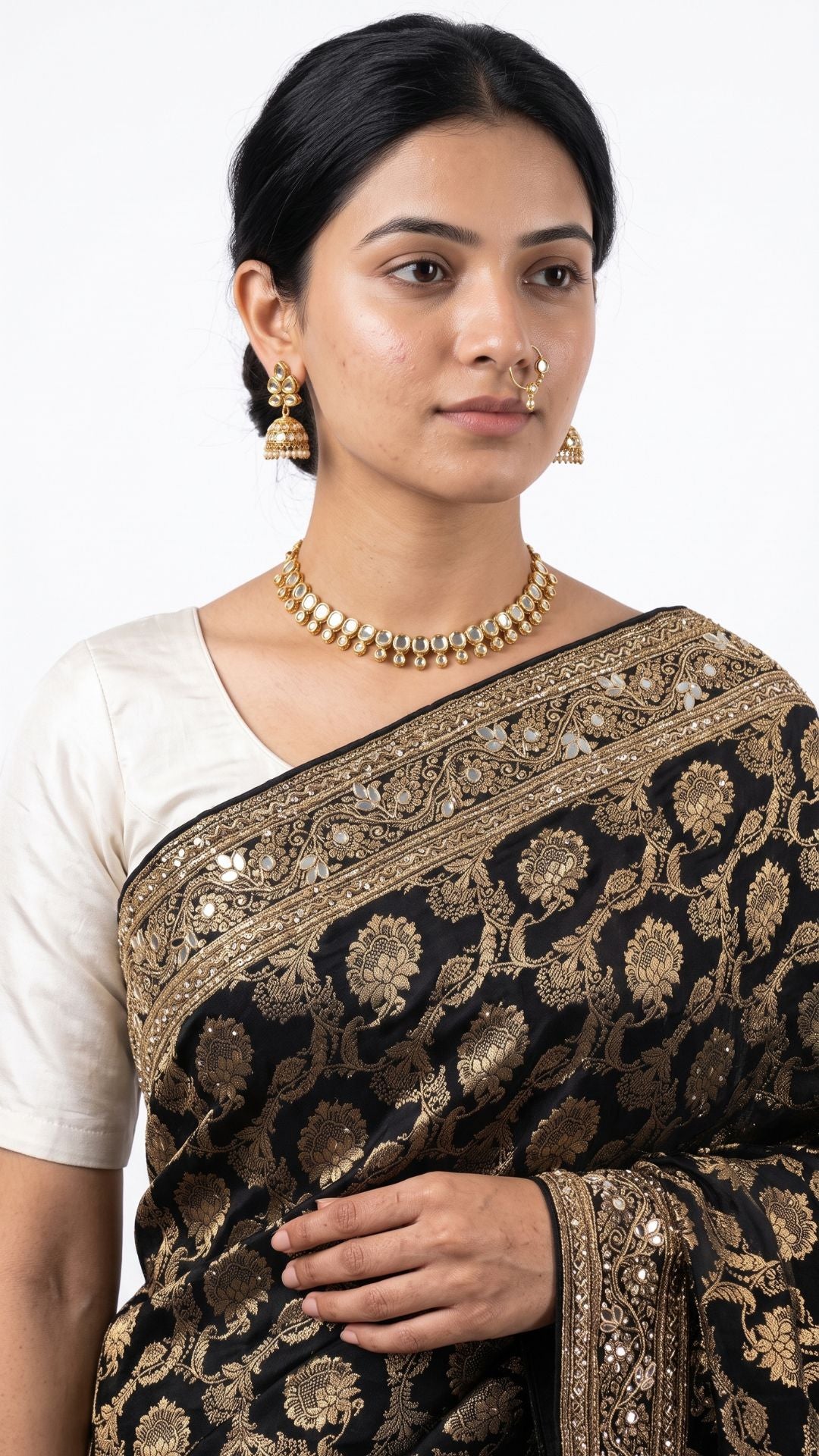 Black Satin Silk Banarasi Unstitched Saree with Dabka, Mirror & Cut Dana Work