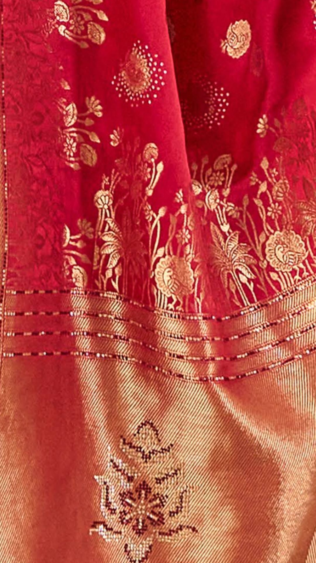 Red Satin Embroidered Saree With Rani Blouse