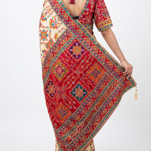 Cream Digital Printed Silk Ready Made Saree Embellished With Sequins & Zari Work