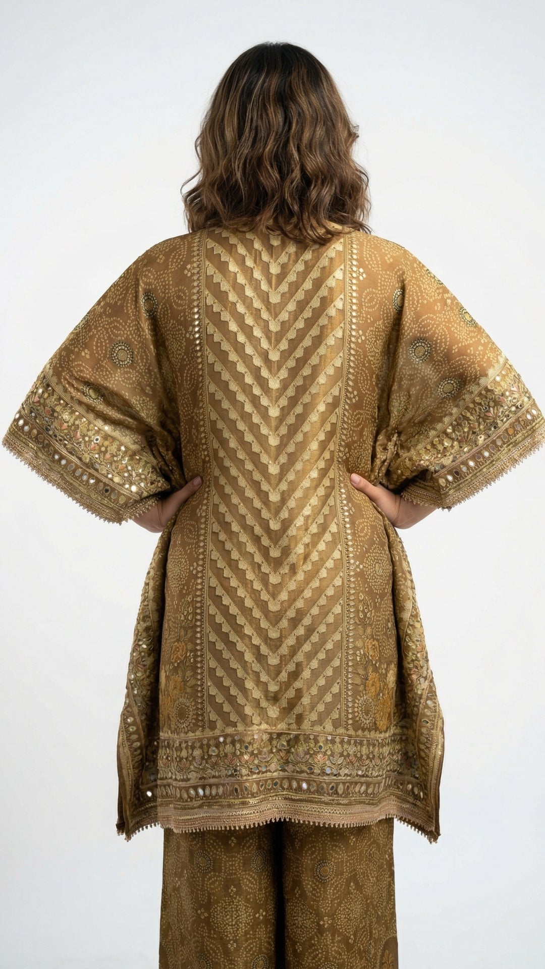 Antique Gold Tissue Kaftan Coord Set with Gota Patti, Digital Print & Sequin Detailing