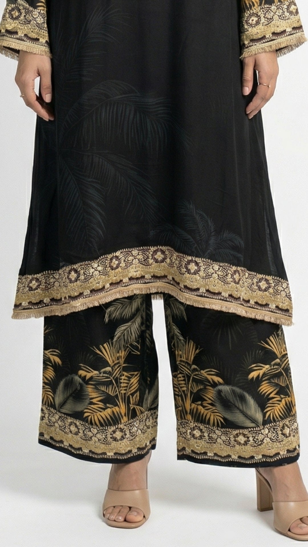 Black Crepe Coord Set with Intricate Digital Print, Mirror and Stone Work