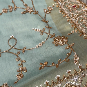 Sky Blue Tissue Unstitched Saree Embellished With Sequins, Cutdana, Moti & Stone Work