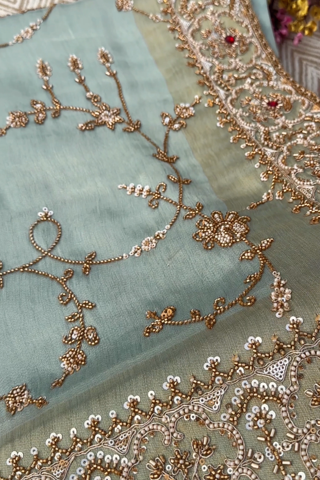 Sky Blue Tissue Unstitched Saree Embellished With Sequins, Cutdana, Moti & Stone Work