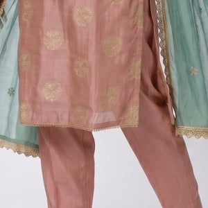 Pink Banarasi Tissue Suit with Mirror, Dabka & Moti Detailing