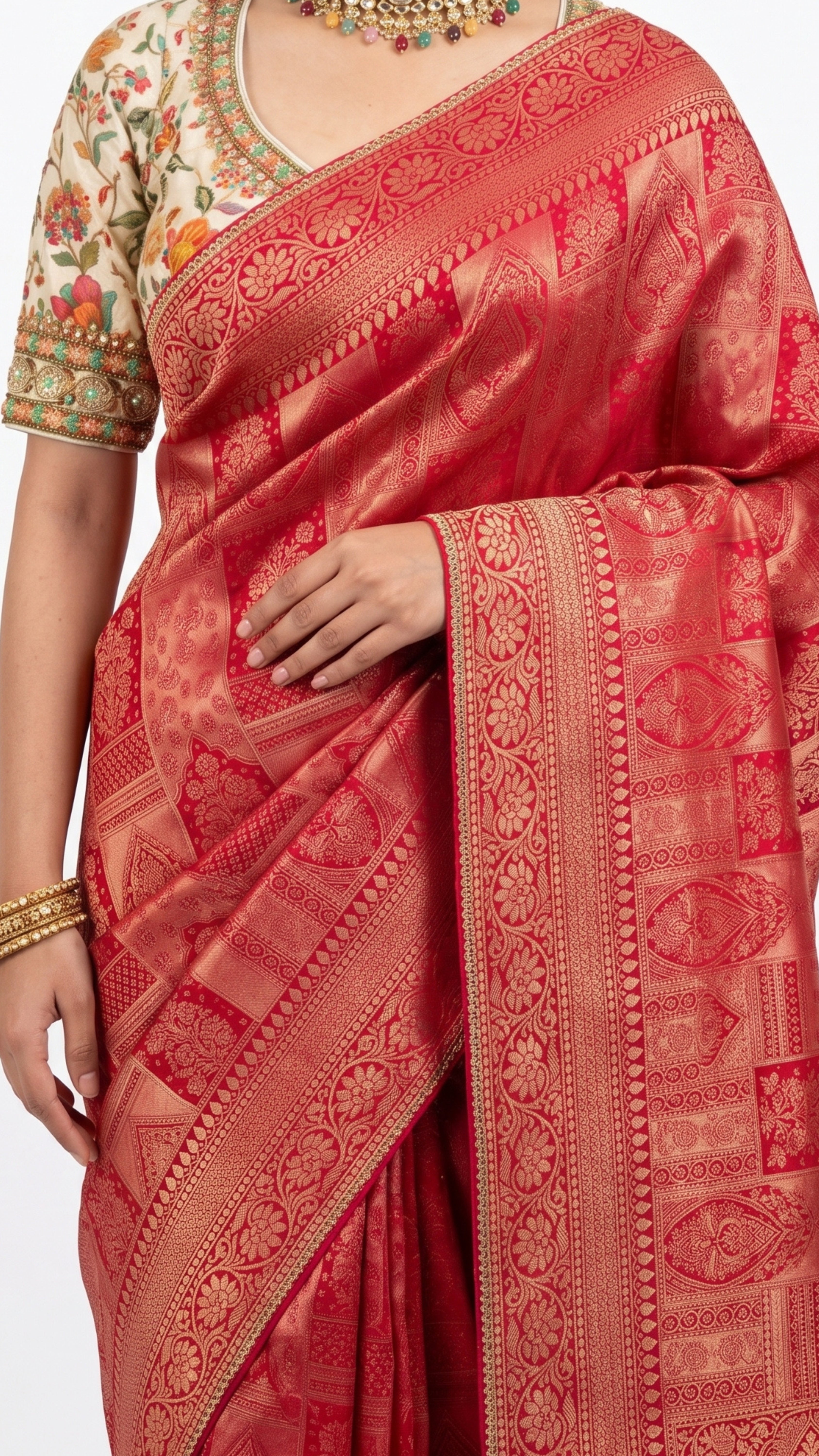 Red Silk Saree with Hand Print & Work