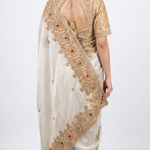 Golden Ivory Tissue Saree Embellished With Sequins, Moti & Cut Dana Work