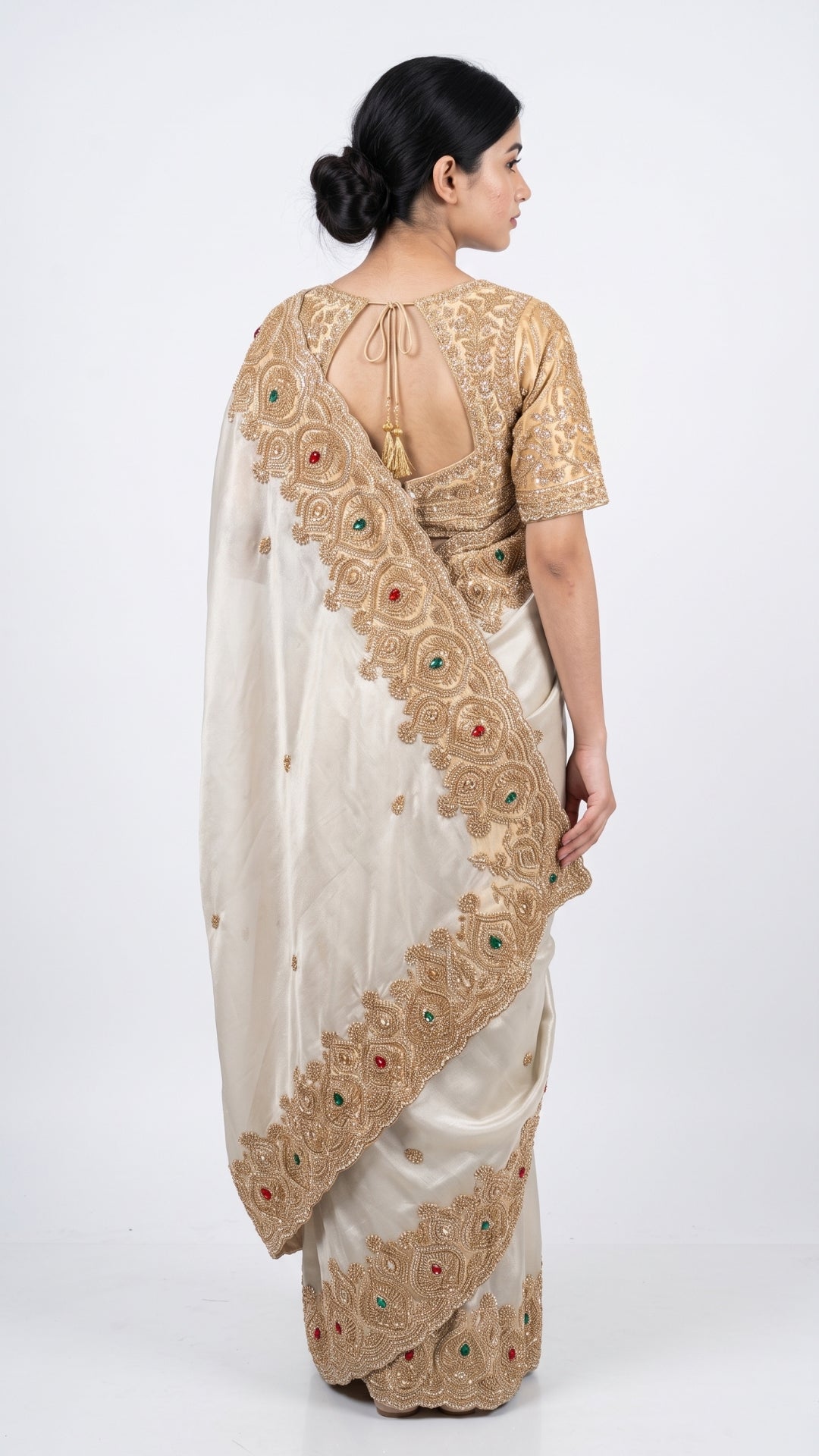 Golden Ivory Tissue Saree Embellished With Sequins, Moti & Cut Dana Work