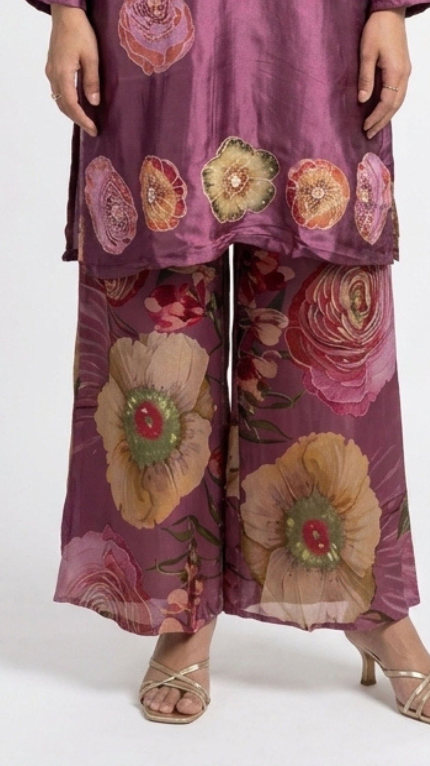Wine Satin Crepe Suit with Zari, Sequins, Stone, Hand Print & Cutdana Detailing