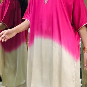 Ombre Pink Satin Crepe Indowestern Kaaftan and Bottom with Gota and Pearl Work