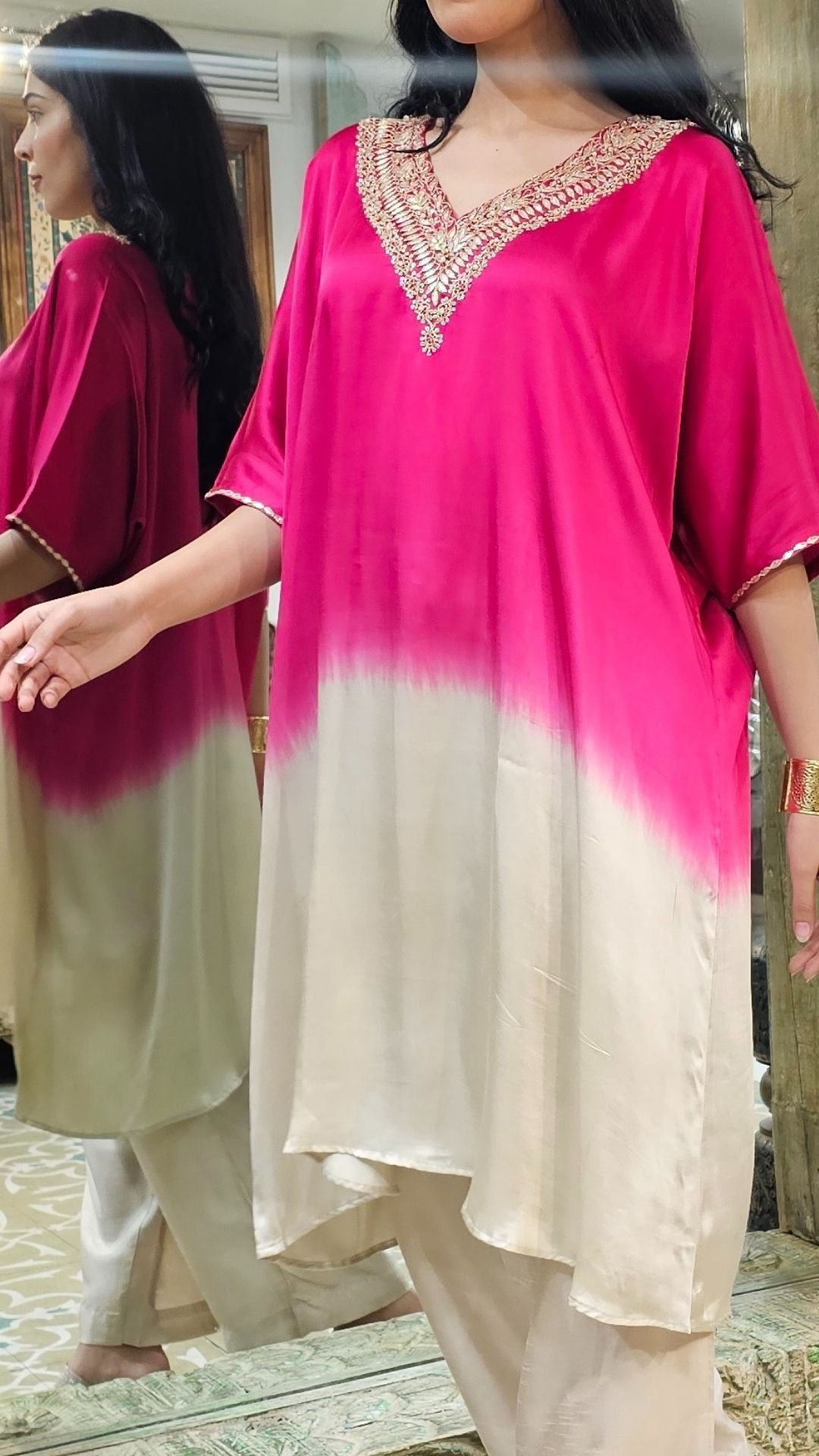 Ombre Pink Satin Crepe Indowestern Kaaftan and Bottom with Gota and Pearl Work
