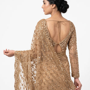Golden Net Saree Embellished With Cutdana & Sequins Work