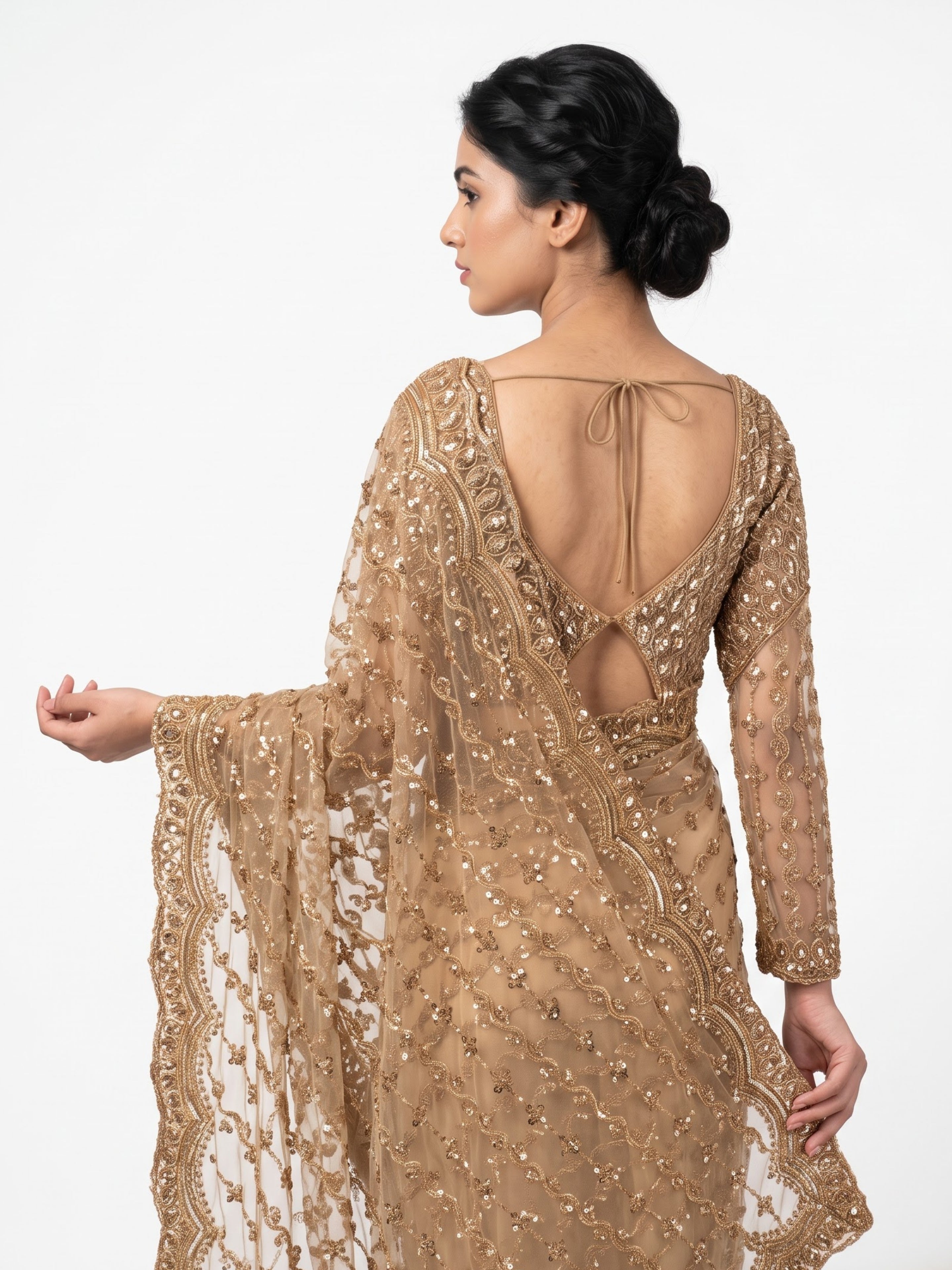 Golden Net Saree Embellished With Cutdana & Sequins Work