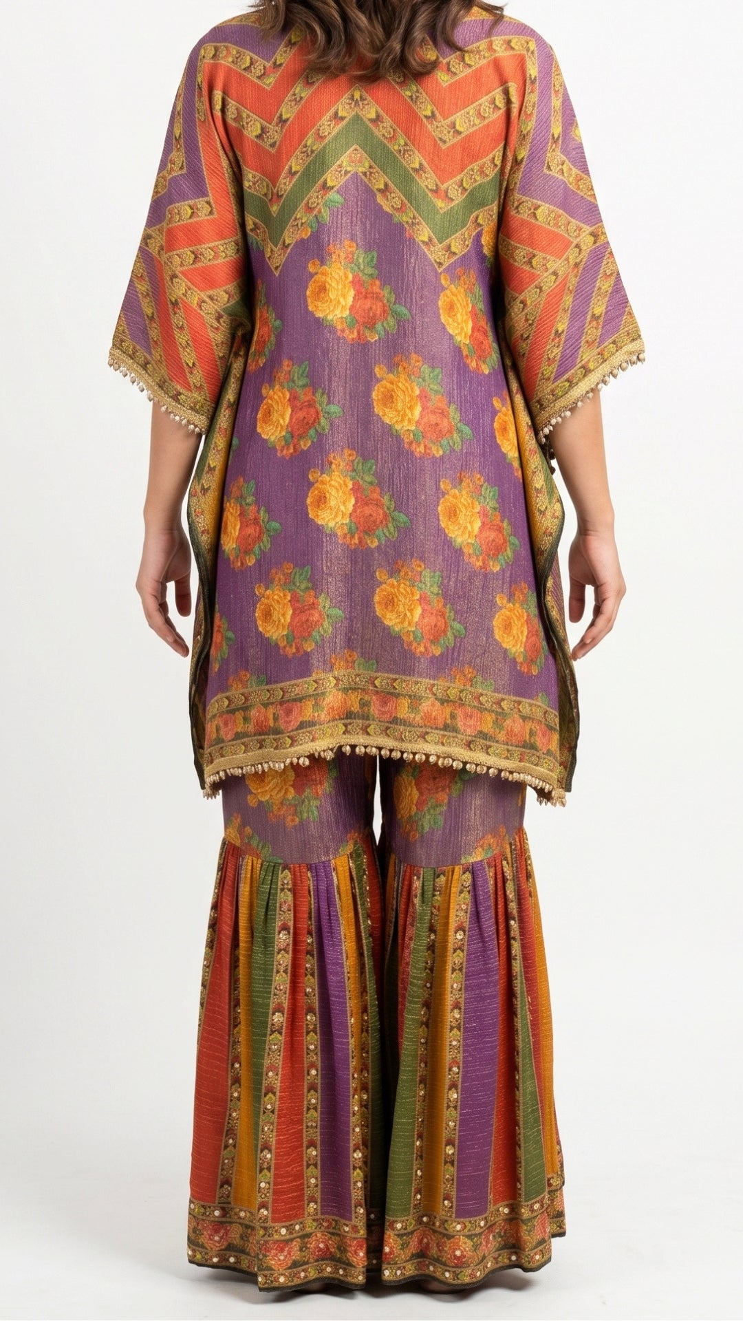 Purple Wrinkle Tissue Coord Set with Digital Print and Mirror Work