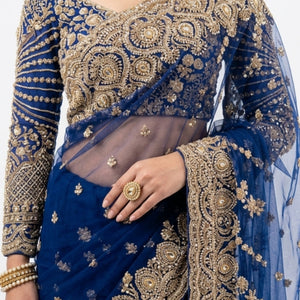 Midnight Blue Net Saree with Cutdana, Moti & Sequins Work