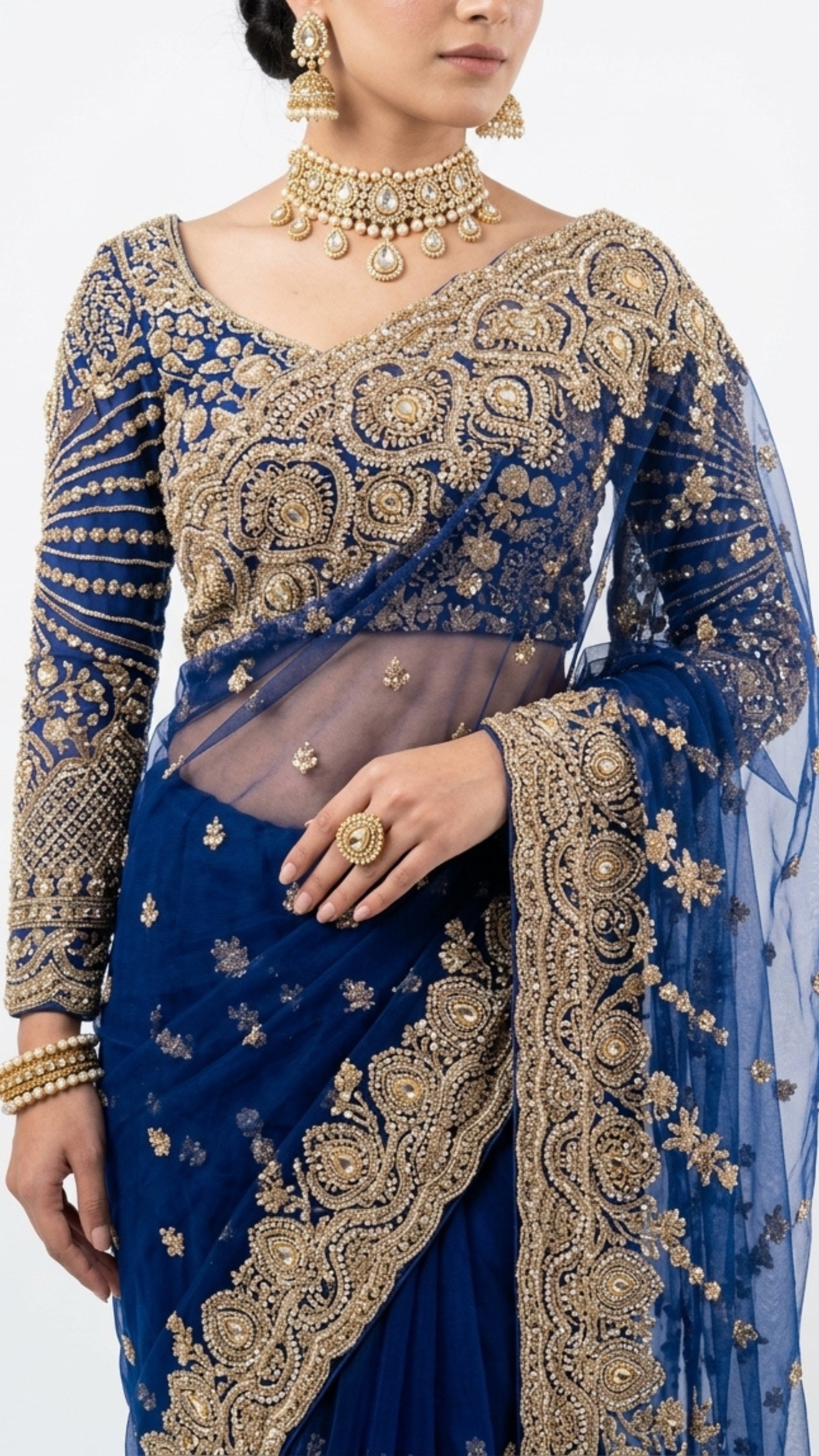Midnight Blue Net Saree with Cutdana, Moti & Sequins Work