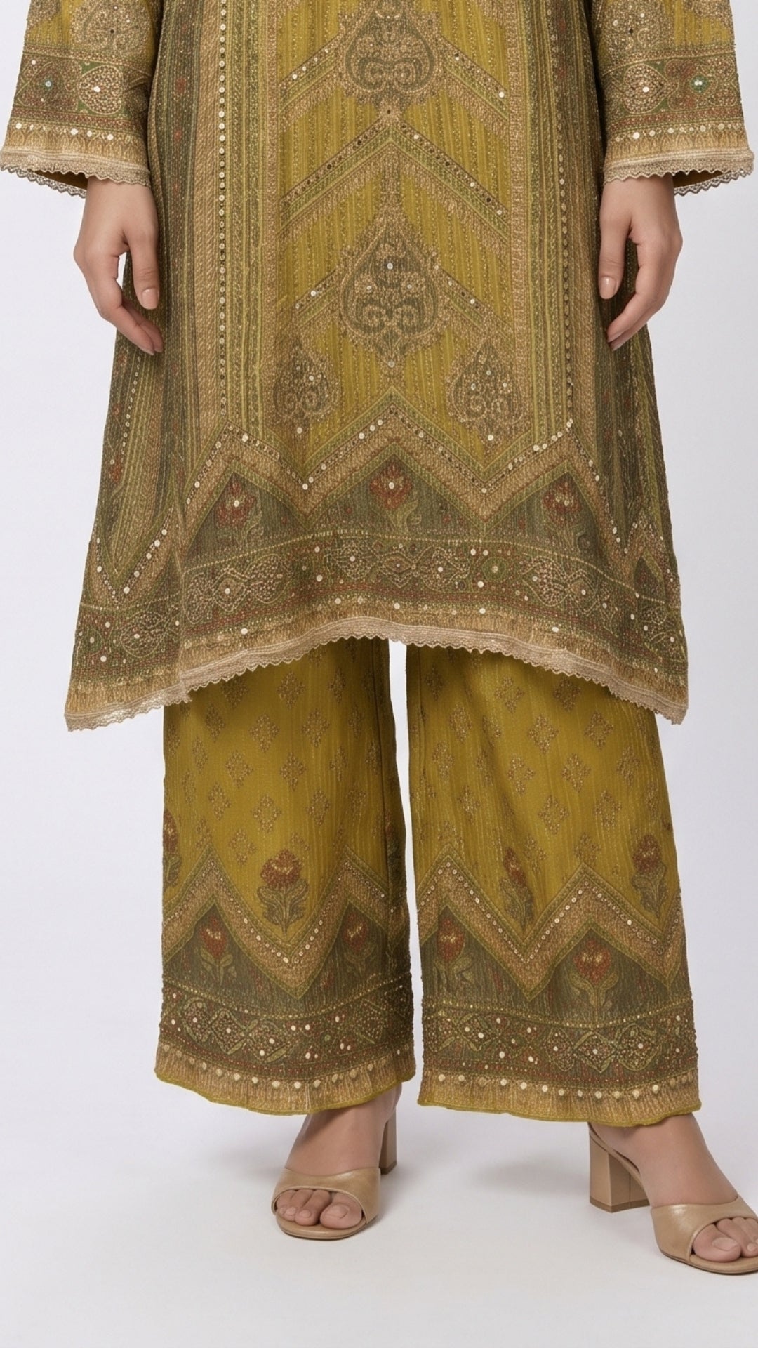 Green Wrinkled Tissue with Digital Print, Moti & Stone Work Indo Western