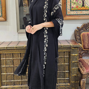 Black Chinon Indowestern Top,Jacket,Bottom and Dupatta with Sequins and Cutdana Work