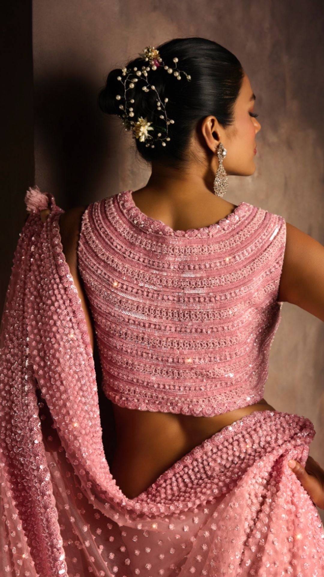 Pink Saree With Beads, Sequins and Moti Work