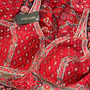 Maroon Digital Printed Silk Ready Made Saree Embellished With Sequins & Zari Work