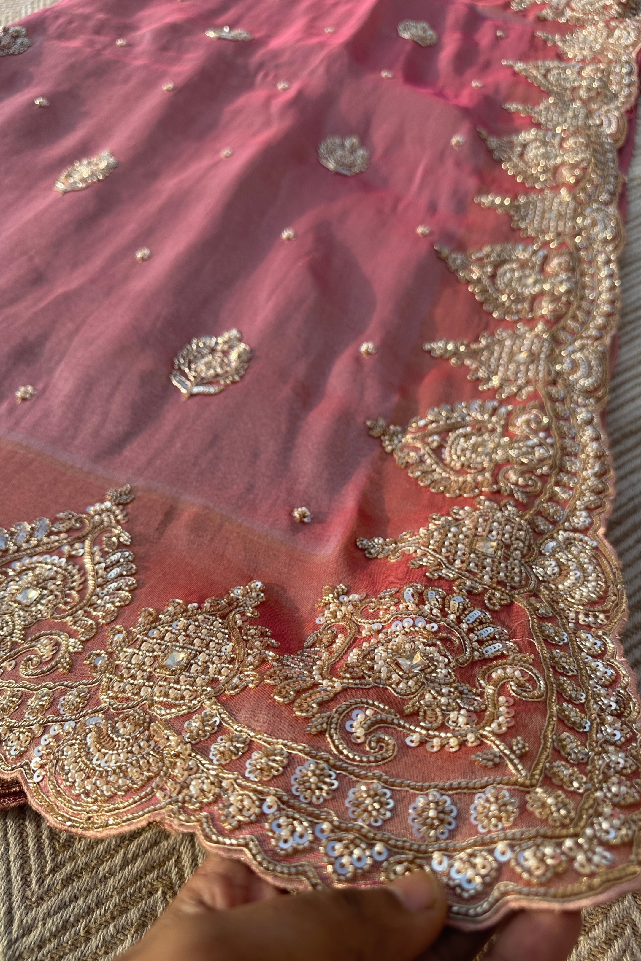Mauve Tissue Unstitched Saree Embellished With Moti, Sequins & Cutdana