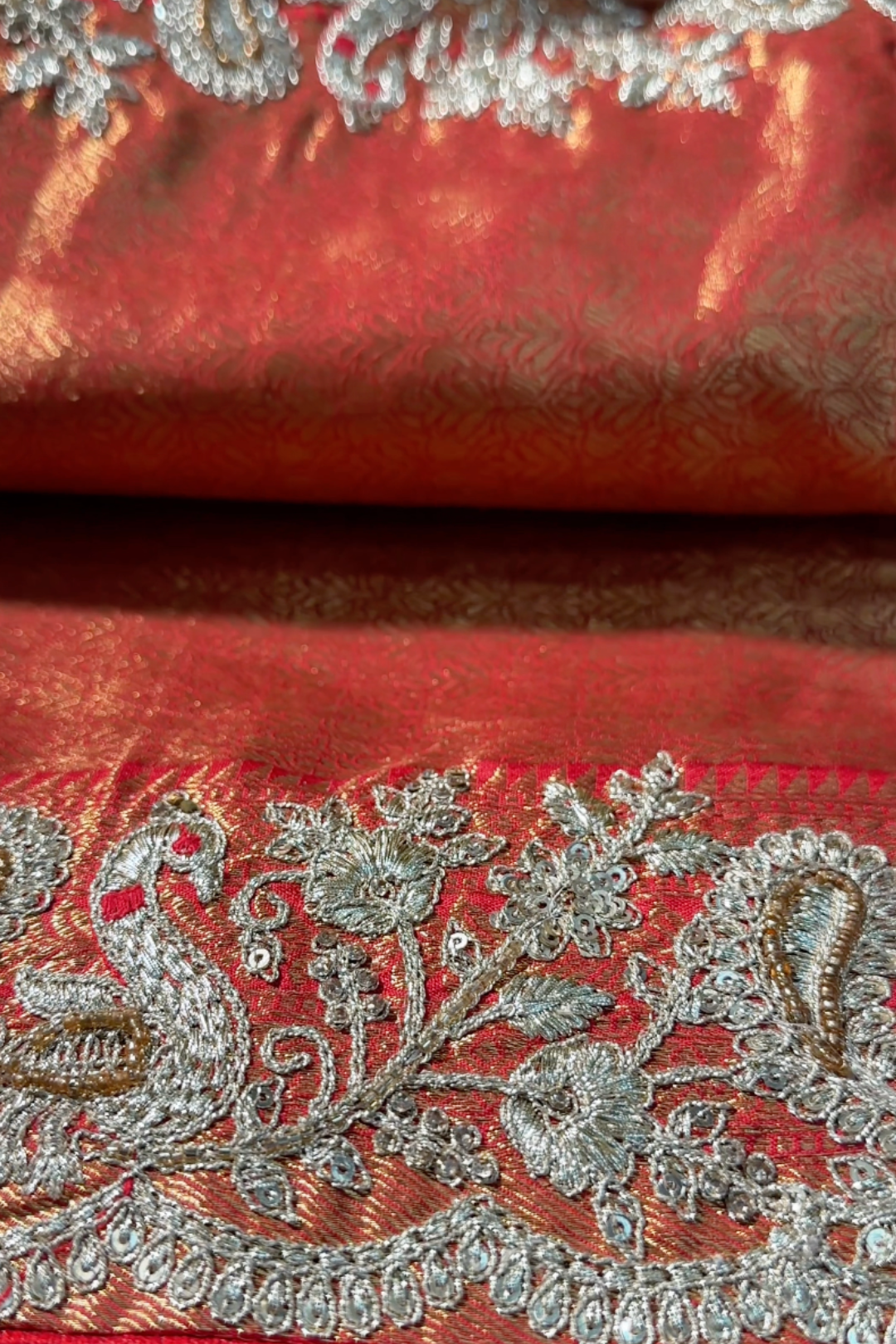 Rust Tissue Banarasi Unstitched Saree with Sequins & Cut Dana Work