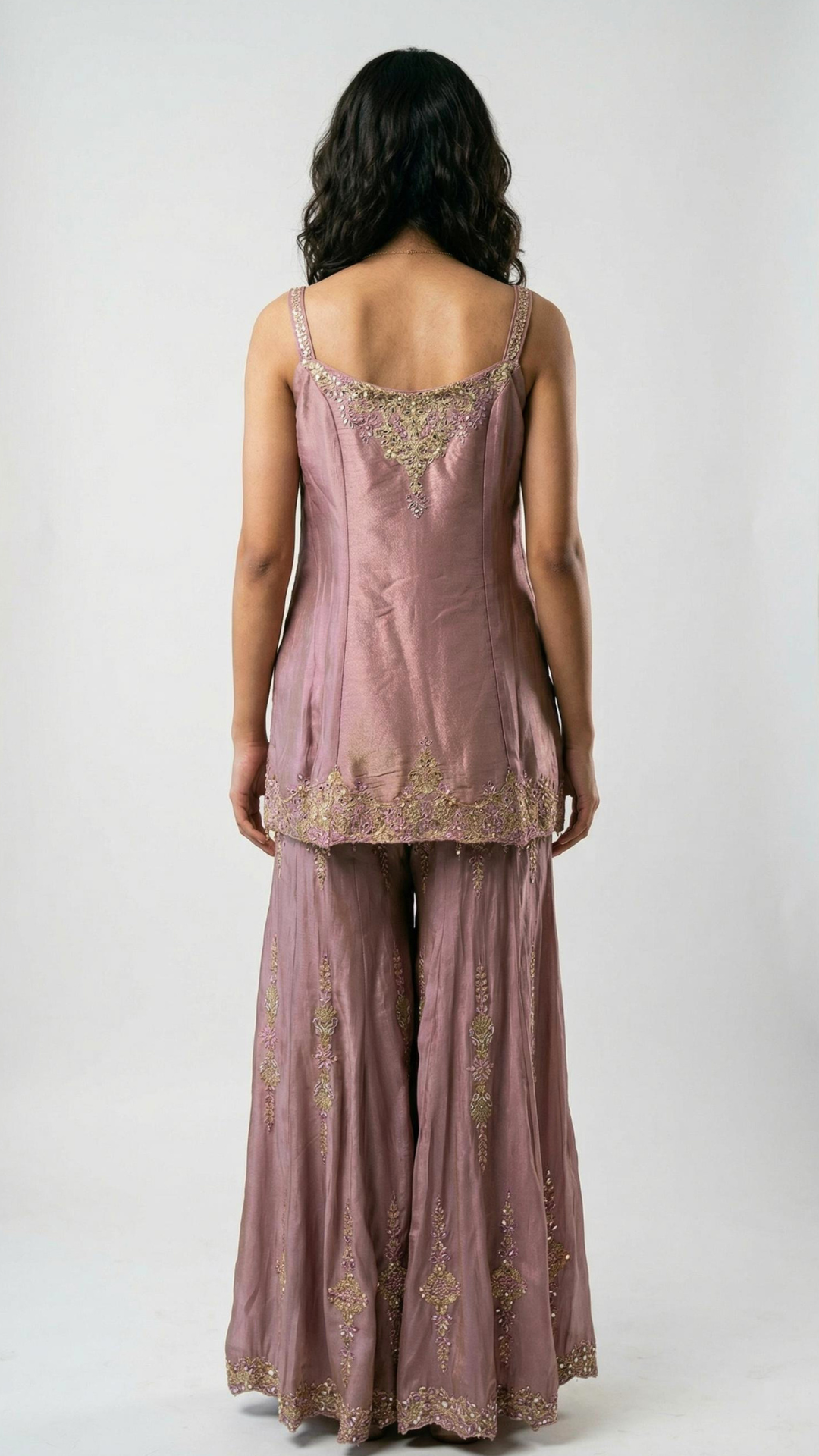 Tissue Crepe Indowestern Top,Bottom and Dupatta with Cutdana and Sequins Work