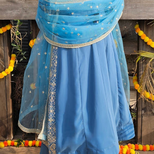 Blue Georgette Indo-Western with Zari, Sequin, Stone & Mirror Work