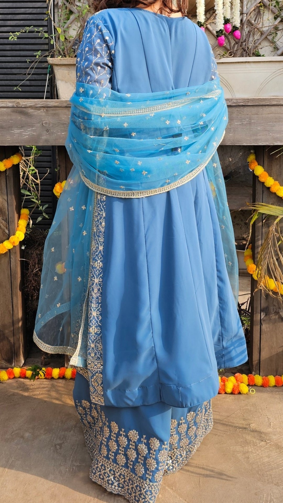 Blue Georgette Indo-Western with Zari, Sequin, Stone & Mirror Work