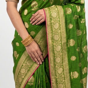 Green Banarasi Silk Saree with Stitched Pink Blouse and Weaving Work