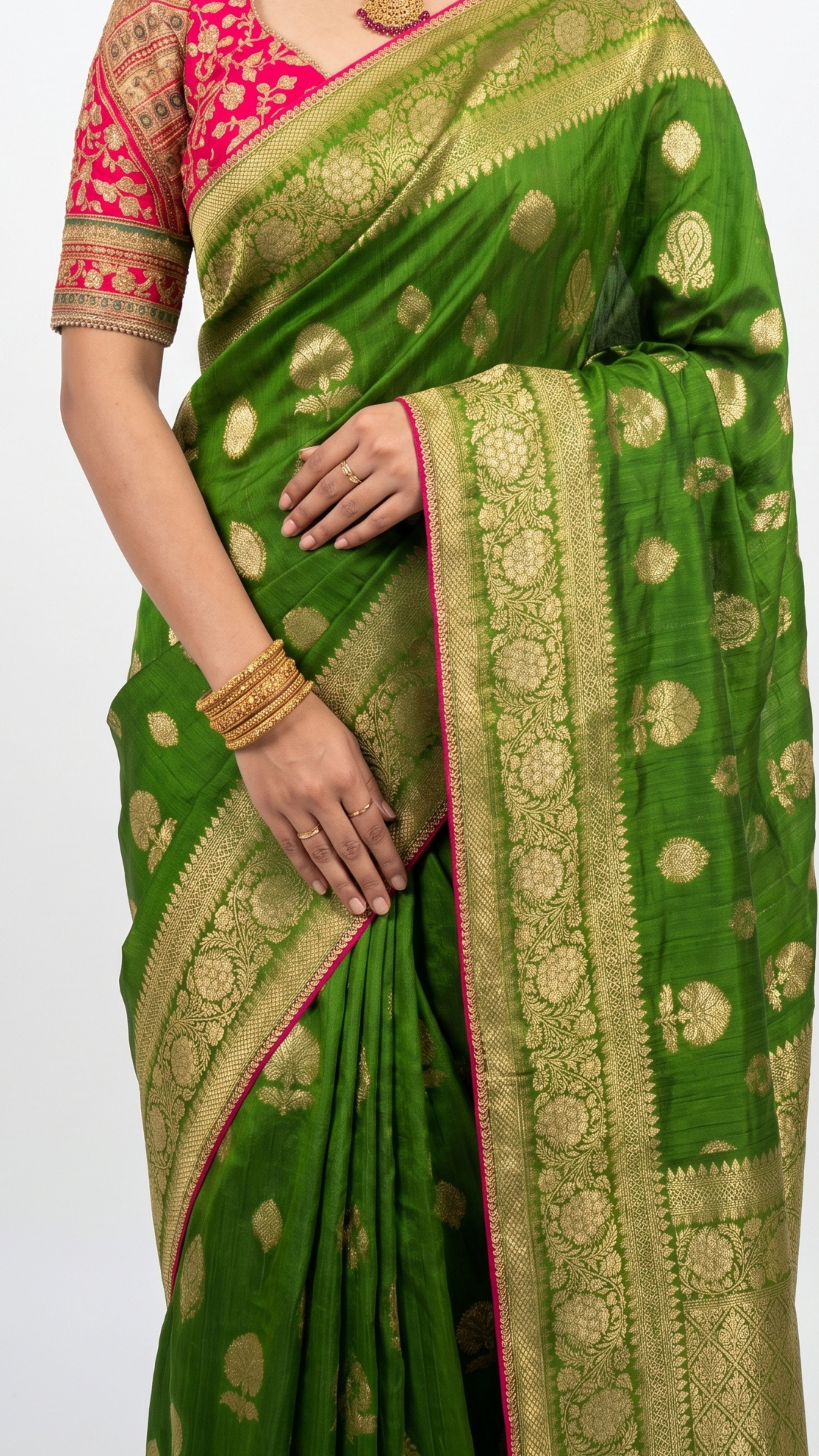 Green Banarasi Silk Saree with Stitched Pink Blouse and Weaving Work