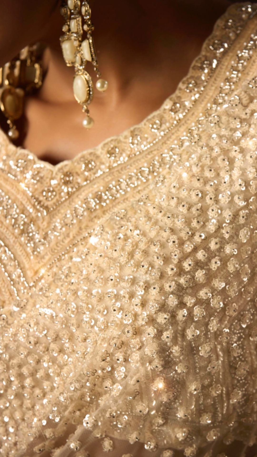 Cream Net Saree With Beads, Sequins and Moti Work