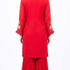 Red Chinon Fabric Hand work Sequins