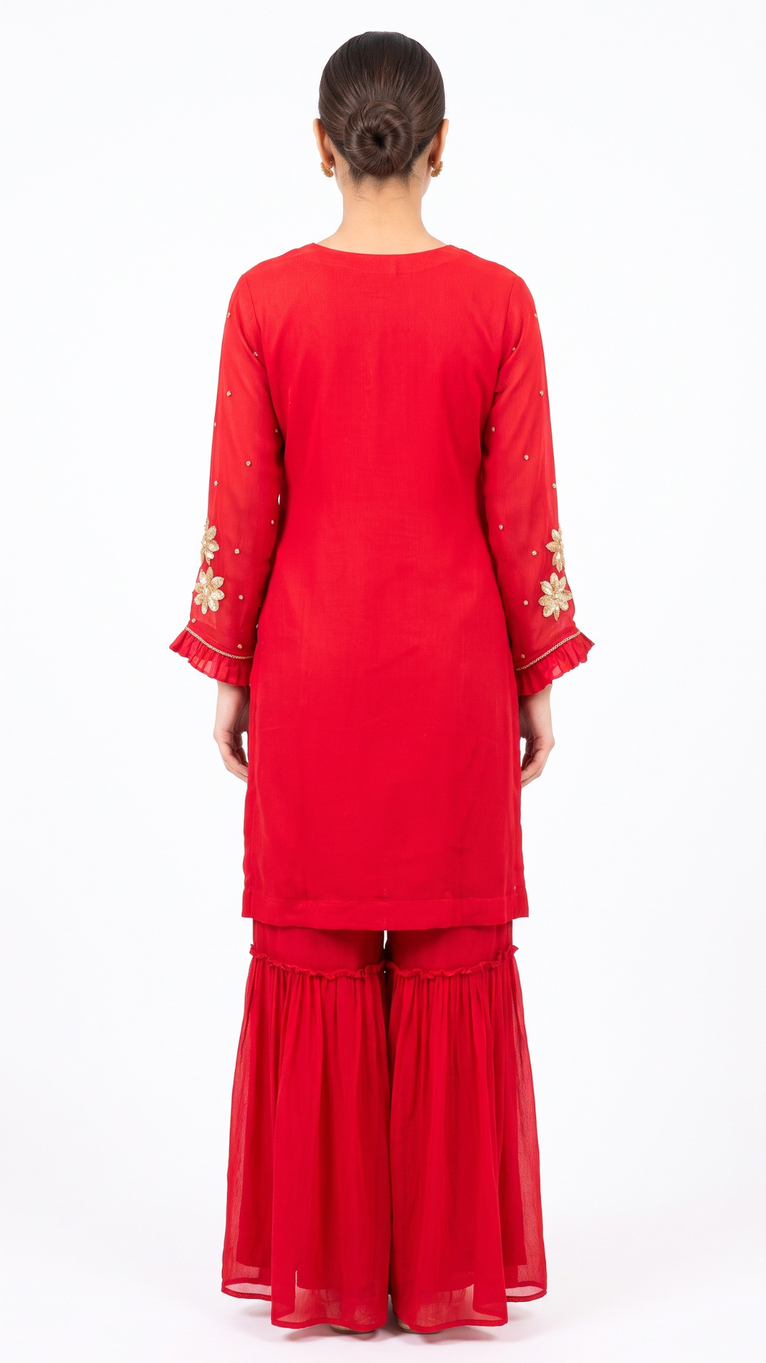 Red Chinon Fabric Hand work Sequins