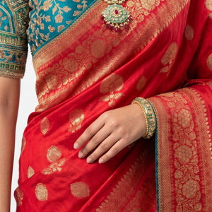 Red Banarasi Silk Saree with Stitched Blue Blouse and Weaving Work