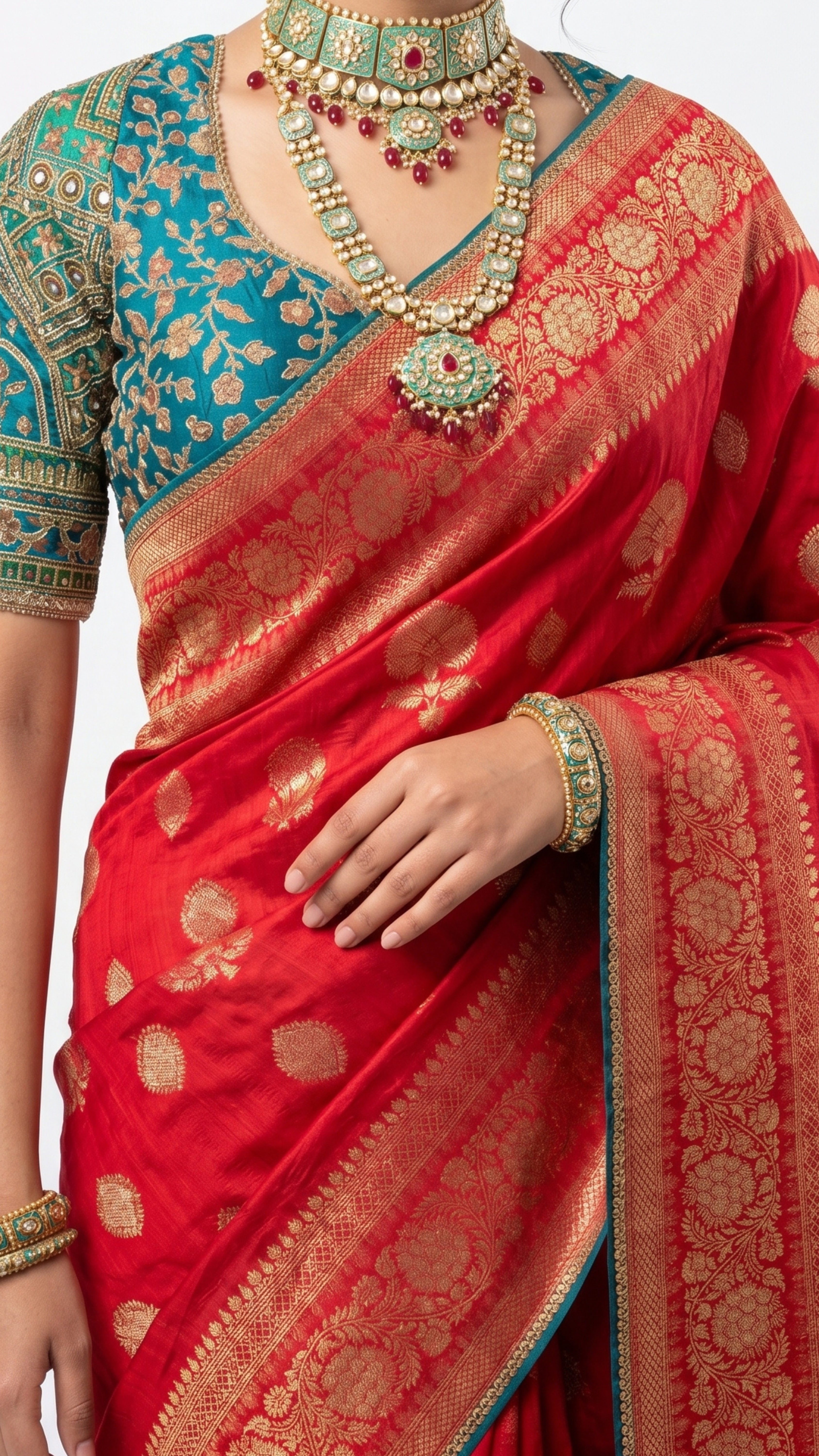 Red Banarasi Silk Saree with Stitched Pink Blouse and Weaving Work